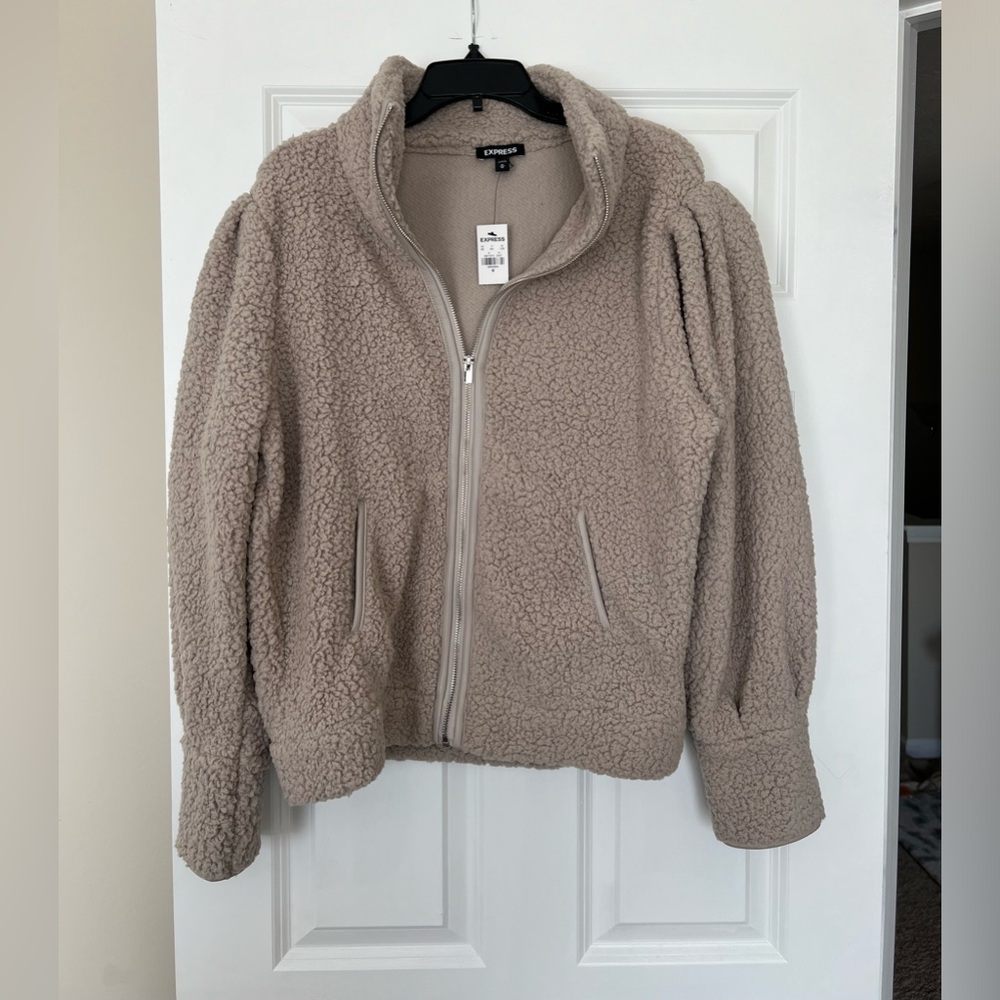 NWT Cozy, taupe colored faux leather trim, Sherpa zip up sweatshirt by EXPRESS